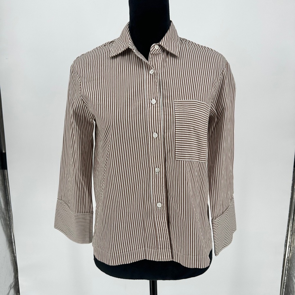 Stateside Brown Poplin Stripped‎ Button Up Collared Top Cropped Pocket XS